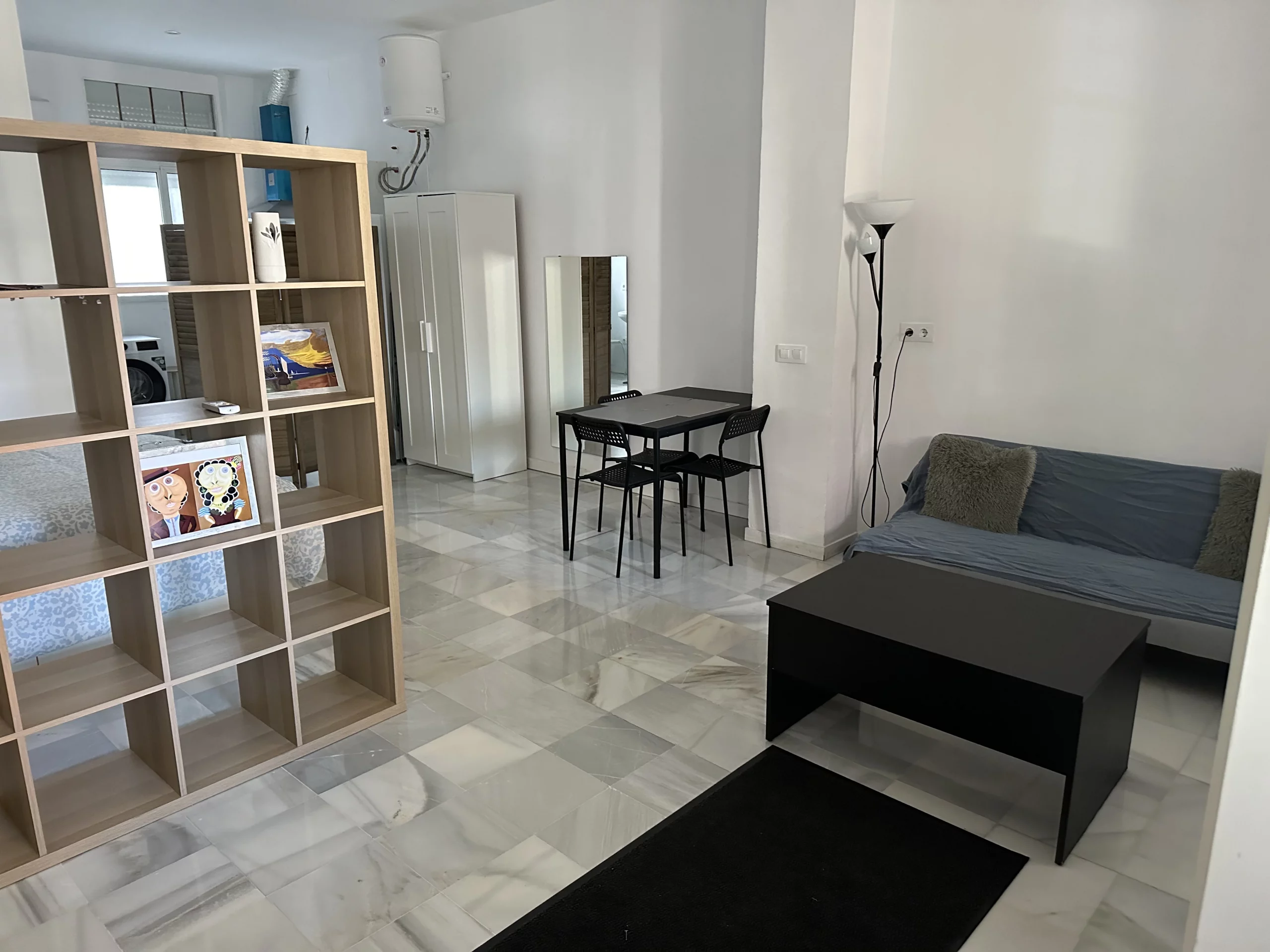Salón y comedor del Apartamento 2 con sofá, mesa y estantería divisoria.